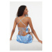 Trendyol Blue-Multicolored Ruffles and Back String Strap Satin Woven Pajama Set