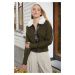 Trendyol Khaki Fur Leather Detailed Zippered Coat Knitwear Cardigan