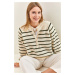 Bianco Lucci Women's Buttoned Collar Turtleneck Striped Knitwear Sweater