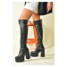 Fox Shoes Black Stretch Leather Notebook Women's Boots