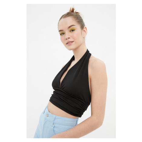 Trendyol Black Halter Neck Fitted/Slim Crop Knitted Blouse