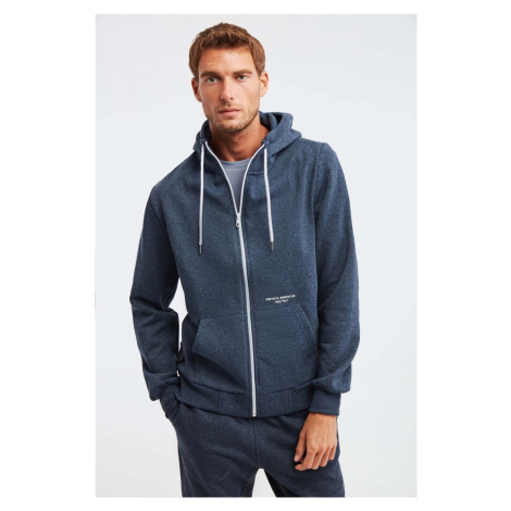GRIMELANGE Momentum Men's Zippered High Collar Hooded Navy Blue Sweatshirt with Embroidery Draws