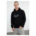 Trendyol Black Oversize/Wide Cut Hooded Text Printed Fleece/Warm Sweatshirt