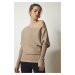 Happiness İstanbul Women's Mink Asymmetric Collar Ribbed Sweater