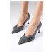 Mio Gusto Shirley Gray Color Patent Leather Pointed Toe Buckle Accessory Heeled Shoes