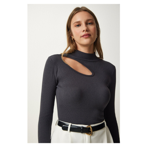 Happiness İstanbul Women's Anthracite Cut Out Detailed Ribbed Knitted Blouse