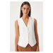 Happiness İstanbul Women's White Button-Closed Linen Vest