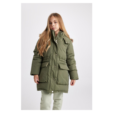 DEFACTO Girl's Water Repellent Hooded Removable Faux Für Lined Jacket Coat