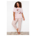 Trendyol Curve Pink Floral Pattern Knitted Pajamas Set