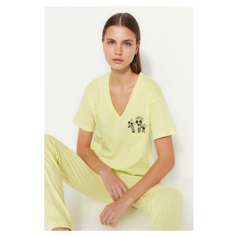 Trendyol Yellow 100% Cotton Printed Pocket Detailed Wide Fit T-shirt Trousers Knitted Pajamas Se
