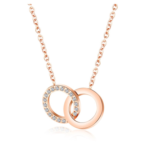 Oceľový náhrdelník v medenej farbe - spojené prstene, číre zirkóny