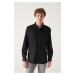 Avva Men's Black 100% Cotton Satin Shirt with Concealed Pop, Slim Fit Fit Shirt