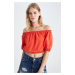 DEFACTO Crop Basic Open Shoulder Half Sleeve Linen Look Basic Blouse