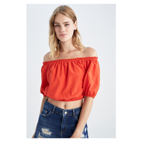 DEFACTO Crop Basic Open Shoulder Half Sleeve Linen Look Basic Blouse