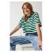 Happiness İstanbul Women's Dark Green Crew Neck Striped Crop Knitted T-Shirt