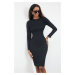 Trendyol Black Fitted Long Sleeve Ribbed Stretch Knitted Dress