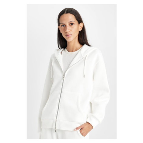 DEFACTO Relax Fit Hooded Pocket Basic Plain Zippered Sweatshirt