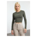 Trendyol Khaki Slogan Printed Crop Stretch Knit Blouse