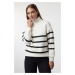 Trendyol Ecru Zipper Detailed Striped Regular/Normal Pattern Knitted Sweatshirt