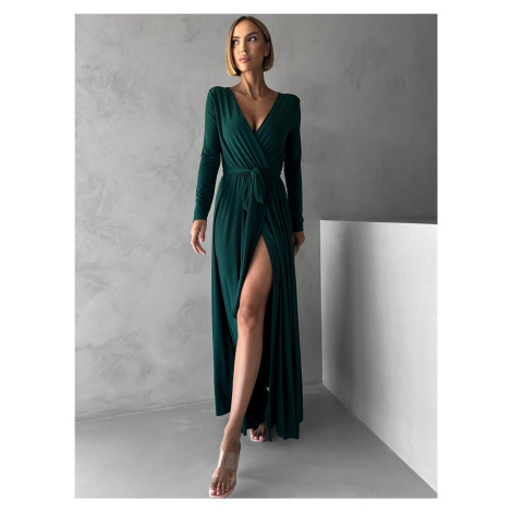 Smaragdové dlhé večerné šaty JOELLIAN s dlhým rukávom