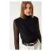 Happiness İstanbul Women's Black Lace Sleeve Gathered Knitted Blouse