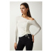 Happiness İstanbul Women's White Gathered Detailed Knitted Blouse