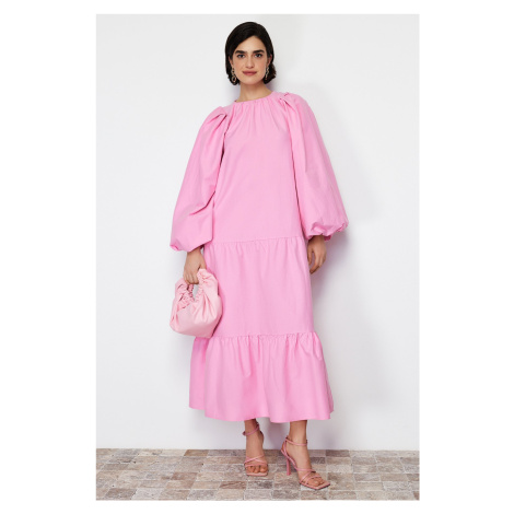 Trendyol Pink Balloon Sleeve Skirt Layered Cotton Woven Dress