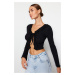 Trendyol Black Ruffle Detailed Knitted Blouse with Front Tie Ribbed Flexible Crop