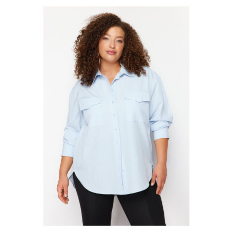 Trendyol Curve Blue Cotton Long Sleeve Double Pocket Skirt Slit Poplin Woven Plus Size Shirt