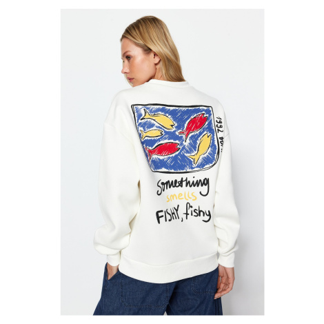 Trendyol Ecru Printed Oversize Crew Neck Knitted Sweatshirt