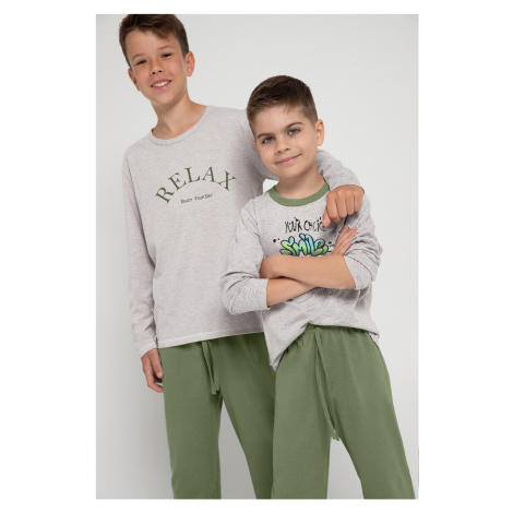 Chlapčenské pyžamo 3090 SAMMY Svetlo béžová s tmavozelenou - Taro béžová-zelená