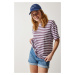 Happiness İstanbul Women's Lilac Crew Neck Striped Oversize Knitted T-Shirt