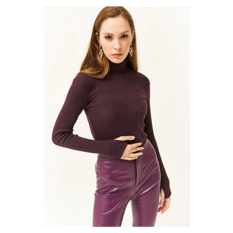 Olalook Women's Plum Turtleneck Finger Detailed Lycra Blouse