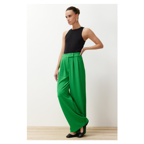 Trendyol Green Hook and Loop Closure High Waist Pleated Wide Leg/Wide Cut Knitted Palazzo Trouse