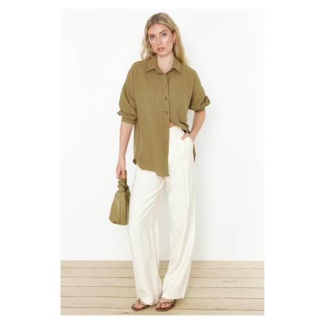 Trendyol Light Khaki Basic Oversize Wide Fit Woven Shirt