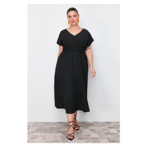 Trendyol Curve Black V-Neck Gathered Waist Woven Dress