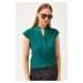 Olalook Women's Emerald Green V-Neck 4 Button Viscose Blouse