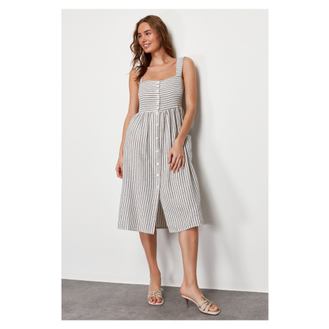 Trendyol Ecru Buttoned Striped Linen Look Midi Woven Dress