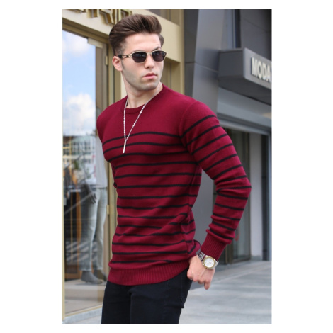 Madmext Claret Red Striped Crew Neck Knitwear Sweater 5992
