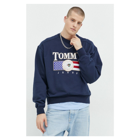 Bavlnená mikina Tommy Jeans pánska, tmavomodrá farba, s nášivkou Tommy Hilfiger