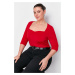 Trendyol Curve Red Heart Neck Fitted Knitted Blouse