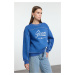 Trendyol Indigo Slogan Printed Oversize/Wide Pattern Thick Inside Polar Fleece Knitted Sweatshir