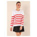 Bigdart 15820 Button Detail Striped Sweater - C.red