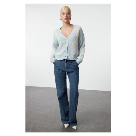 Trendyol Blue Fluffy Soft Texture V Neck Knitted Cardigan