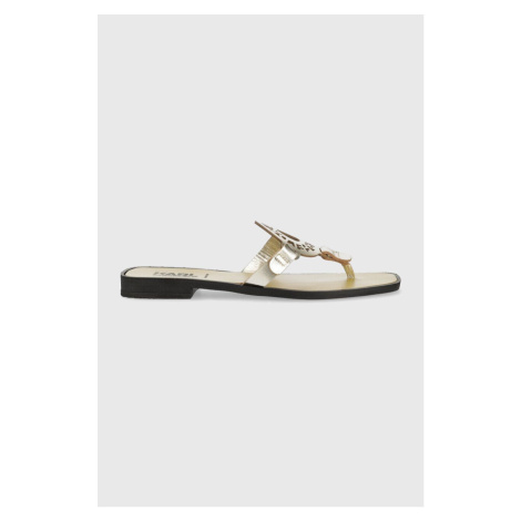Kožené žabky Karl Lagerfeld SKOOT dámske, zlatá farba, na plochom podpätku, KL80408M