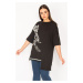 Şans Women's Plus Size Black Front Printed Blouse With Hem Detail