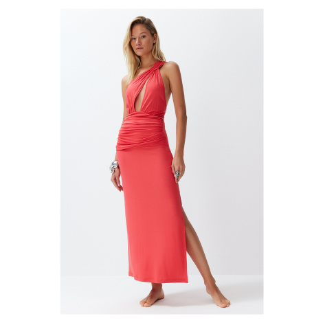 Trendyol Beachwear Red Fitted Maxi Knit Cut Out/Window One Shoulder Dress