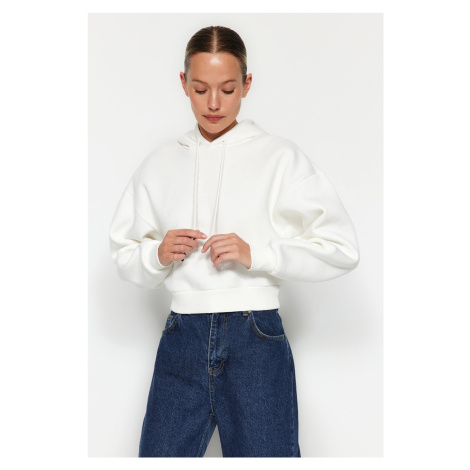Trendyol Ecru Thick Fleece Hooded Comfort Fit Crop Basic Knitted Sweatshirt