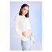 DEFACTO Women's Regular Fit Crew Neck Crochet Openwork Crop Knitwear Sweater