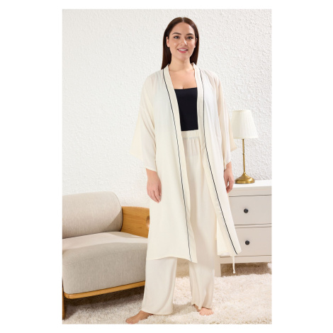 Trendyol Curve Beige 2-Piece Viscose Ribbed Dressing Gown-Pajama Bottoms Woven Pajama Set